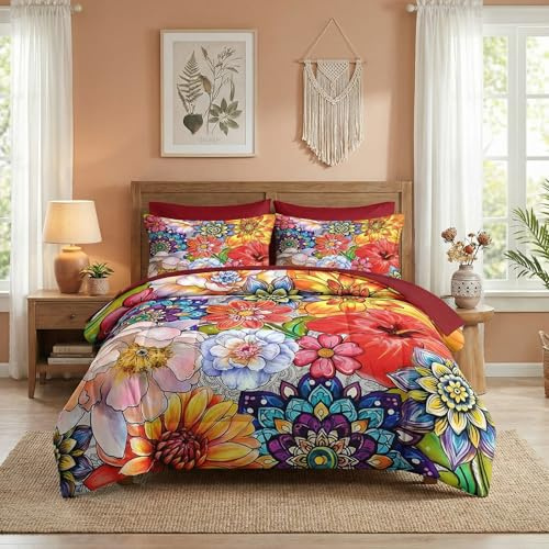 Nesker Comforter Set Queen Size, Farmhouse Flowers Boho 7 Pcs Bedding for Kids and Adults, Colorful Botanical Bohemian Bed Sheet Sets with Fitted Sheet 2 Pillowcases & 2 Shams