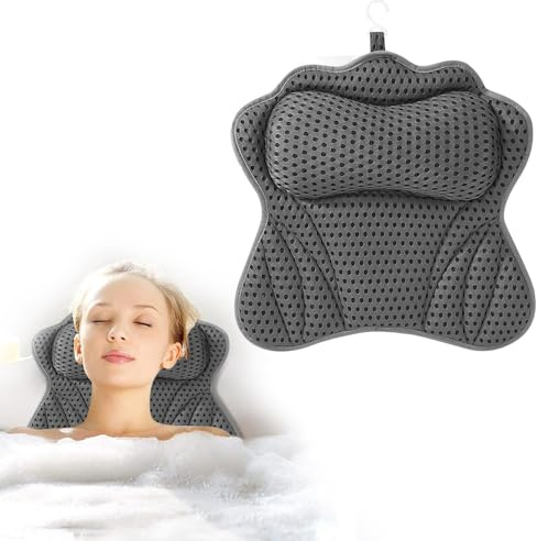 YANGUN Cuscino da Bagno, Cuscino Vasca da Bagno con tecnologia 4D Air Mesh e 6 ventose, Cuscini Poggiatesta da Vasca, per Ergonomici, per Collo, Schiena, Vasca e Spa di Casa(Grigio)