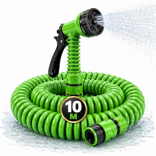 Manguera Extensible Jardín 10m con Pistola 7 Modos – Antienredos, Ligera y Compacta – Conectores Anti-Fugas – Ideal para Terraza, Balcón, Patio y Lavado de Coche
