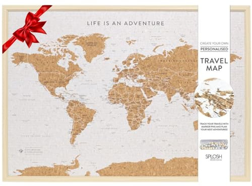 Splosh Travel Map - Large World Map Pin Board in White, Wooden Frame. World Map Cork Board with 100 Pins in 2 Colours to Mark Your Past and Future Adventures. Framed World Maps for Wall.