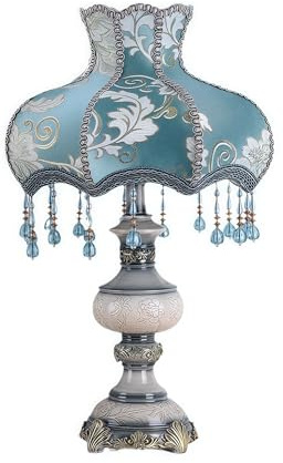 Vintage Blue Table Lamp, Victorian Fabric Shade with Beaded Fringe, 13” × 21.7”, E26 LED Bedside/Desk Lamp for Bedroom or Living Room