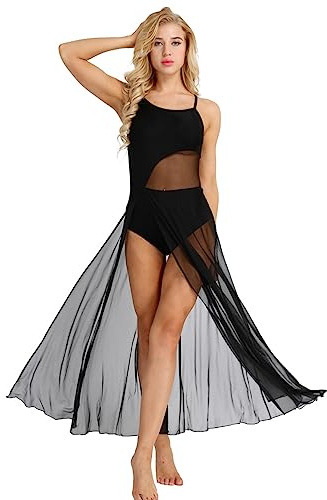 MSemis Vestito da Danza Classica Donna Vestito da Balletto con Tulle Lungo Body da Ginnastica Leotard Senza Manica Vita Nuda Abito da Ballo Lirico Contemporaneo Performance Nero S