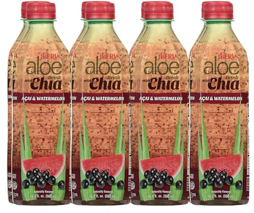 Iberia Aloe Vera Drink With Aloe Pulp and Chia Seeds, Acai and Watermelon, 16.9 fl oz (Pack of 8)