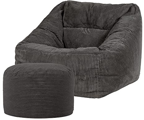 icon Natalia Cord Bean Bag Chair with Pouffe, Charcoal Grey, Large Adult Bean Bag with Filling Included, Comfy Chair, Armchair, Living Room, Living Room Furniture, Bedroom Furniture
