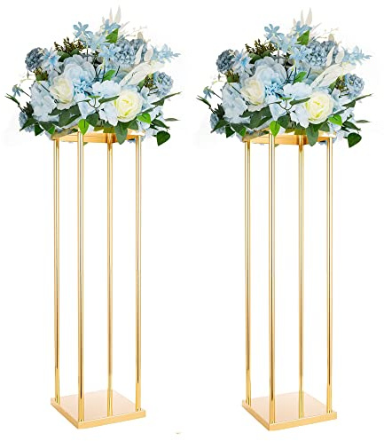 2pcs Centerpieces Wedding Gold Vases for Tables Geometric Metal Flower Display Stand, 31.5 Inch Tall High Floor Vase Column Flower Holder for Wedding Party Event Aisle Table Christmas Decorations