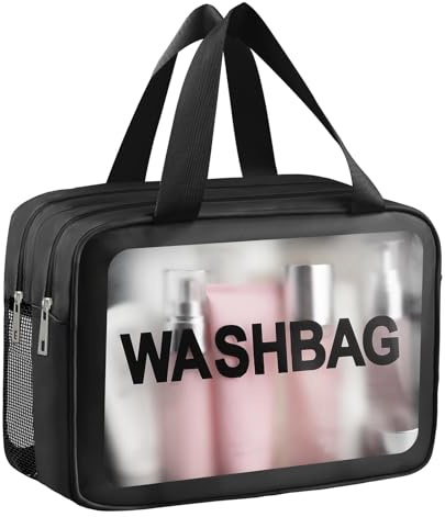 Clear Toiletry Bag, Wet Dry Separation PVC Makeup Cosmetic Bag, Large Capacity PVC Wash Bags with Handles for Women Girls Black