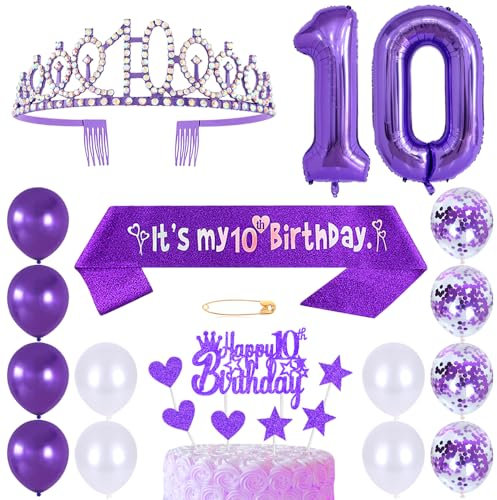 10. Geburtstags Krone Schärpe Mädchen Kristall Queen Tiara Princess Crown 10 Jahre Geburtstag Tortendeko Helium Foil Ballons Lila Luftballon Zahl 10 Geburtstagsdeko für Mädchen Party Dekorations