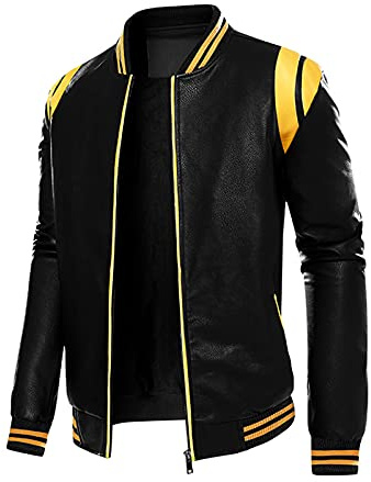 Men's Real Leather Vintage Outdoor Jacket Waterproof Winter Sports Jacket Without Hood Leisure Jacket Modern Long Sleeve Leather Jackets with Stand-Up Collar Softshell Jacket Wind Jacket, yellow, S