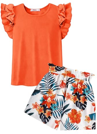 Arshiner Set di Abbigliamento Senza Maniche Ragazze Completo Estivo Maglietta Arancione Pantaloncini Set Completo Il Tempo Libero per Bambini Top Moda Set Due Pezzi con Tasche 13-14 Anni