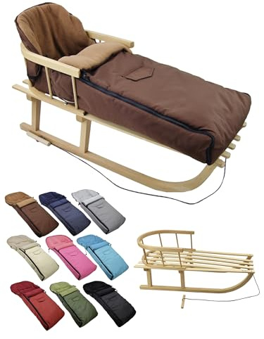 BambiniWelt Träsläde med ryggstöd och dragrep vinteråkpåse 108 cm – varm termofleece, vattenavvisande – kombinationsset för barnvagnar och buggy, färg: brun