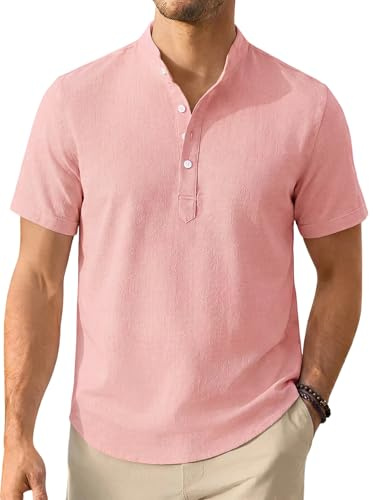 Enlision Linneskjorta herr, kortärmad skjorta, sommarskjorta, fritidsskjorta utan krage, skjorta, herr, strand, ståkrage, skjorta, normal passform, Henley-skjorta, ROSA, XL