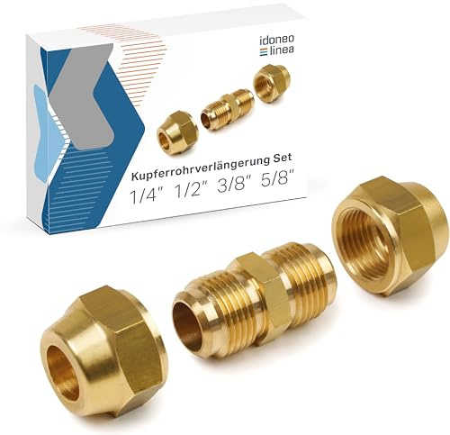 Klima Verlängerung 1/4, 1/2, 3/8, 5/8 Messing Verbindungsnippel mit Überwurfmutter für Kältemittelleitungen Klimaanlage Verschraubung Kupferrohrverlängerung Kupferrohr Verbinder Doppelnippel
