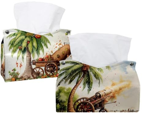 2 pack Date Palms & Iftar Cannons Tissue Box Cover Holder - Leather Decorative Organizer for Tabletop, Bathroom, Car, Office