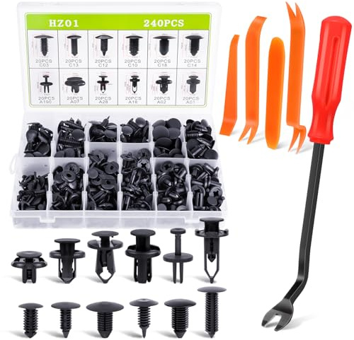 HOTUT Set di Clips Voiture per Auto,240 Pezzi Viti in Plastica Assetto Auto Kit,Clip di Fissaggio per Paraurti Dotato di Strumenti di Rimozione per Porta,Pannello,Parafango