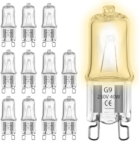 QarulG 12 Piezas Bombilla Halógena G9 40W 230V Regulable Blanca Cálida 3000K 480LM Resistente al Calor 300°C para Bombillas de Hornos, Microondas, Lámpara de Pared