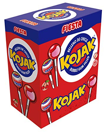 FIESTA Kojak Caramelo con Palo Sabor Cereza Relleno de Chicle - Caja de 100 unidades