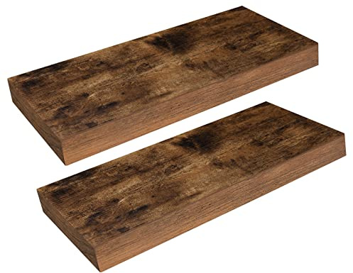 HOOBRO Floating Shelves for Wall, Wall Mounted Shelf Set of 2, 15.7 Hanging Shelf with Invisible Brackets, for Wall Decor Storage in Bathroom Bedroom Kitchen Living Room Office, Rustic Brown BF40BJ01