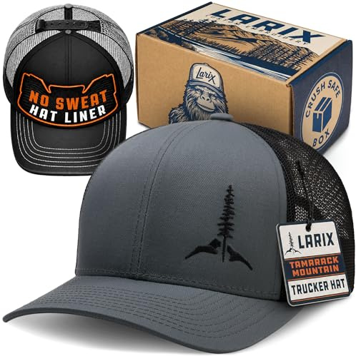LARIX Grey Trucker Hat, Tamarack Mountain, No Sweat Hat Liner, Grey hat for Men