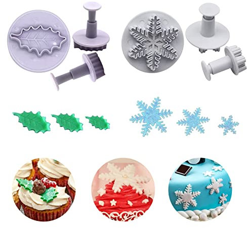 Fondant Cutters Tools, 6Pcs Christmas Cookie Cutters Christmas Snowflake Cake Plunger Cutter Holly Leaf Plunger Cutter Cake Decorating Tools for Sugar Craft Decorating Baking Tools