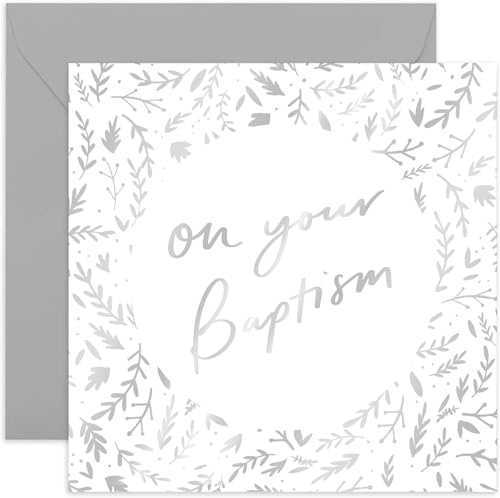 Old English Co. On Your Baptism Day Floral Card - Silver Foil Religious Faith Card for Boy or Girl | Celebrate Special Day of Family and Friends | Blank Inside & Envelope Included