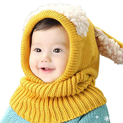Warm Mütze und Schal Set für Jungen Mädchen 3-6 Jahre, Baby Beanie Mütze Stricken Wintermütze Warm Niedlich Hund Schlupfmütze Kinder Schalmütze Fleecefutter Strickmütze Thermische Kapuzenschal,Gelb
