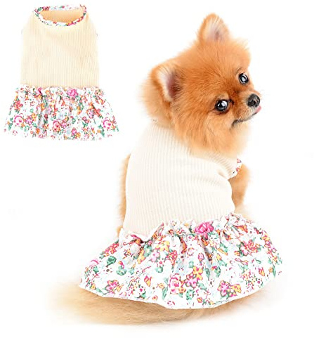PAIDEFUL Dog Flowers Dress for Small Medium Dogs Cats Female Girls Soft Cotton Vest Tee Ruffled Skirt Breathable Tank Tops Puppy Chihuahua Yorkie Clothes T Shirts Pet Spring Summer Wearing Beige L