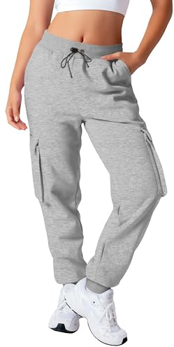 Love My Fashions® Women's Cargo Trousers Soft Fleece Ladies Slim Fit with High-Waisted Cargo Pants Combat Work Trousers Y2K Style Joggers for Women UK with Multi-Pocket Light Grey