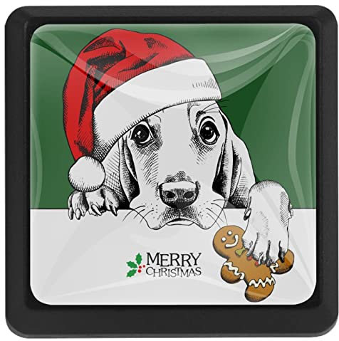 3 Pack Cabinet Knobs Merry Christmas Dog with Red Hat Paint Green White Kitchen Square Cabinet Knobs Dresser Drawer Knobs