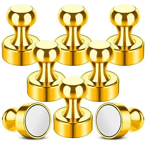 FINDMAG 8 Pack Gold Strong Fridge Magnets, 12x16 mm Magnetic Push Pins | Whiteboard Magnets for Crafts, Planner, School, Office and Noticeboard, Easy Grip Neodymium Design for Notes and Photos