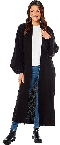 WJL WHISPERING JONES LONDON Ladies Oversized Long Cardigan Balloon Sleeve Chunky Ribbed Open Knitted Maxi Pocket Jumper Sweater, Black, One Size Fits (8-16)