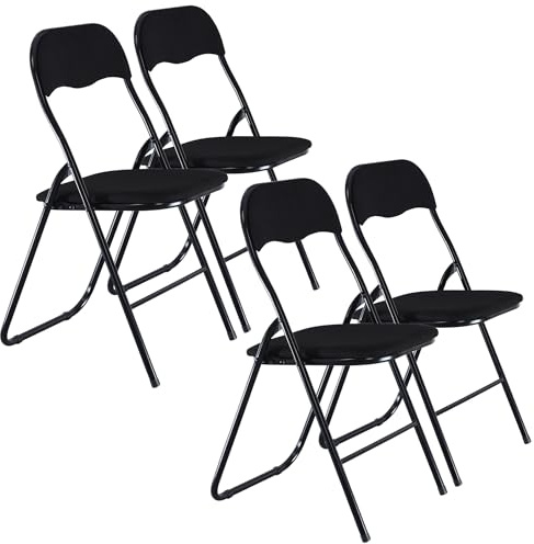 URBNLIVING Set of 4 x Folding Dining Office Multi Purpose Industrial Padded Chairs Heavy Duty Premium Quality Metal Frame, PVC, Velvet, Ribcord, Cushioned Seats (Black Ribcord)