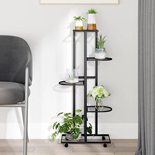 Homgoday Étagère à fleurs à 5 étages avec roulettes - Étagère pour plantes - Étagère pour plantes - Escalier de fleurs - Étagère pour salon, jardin, balcon - 44 x 23 x 100 cm - Noir - Fer