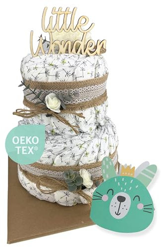 Windeltorte ® Vintage Torte [JUTE & HOLZ] - Jungen & Mädchen - Neutral Unisex - Geschenk zur Geburt - Baby Party - Babyshower - Pullerparty - Caketopper (Boho - Vintage - LITTLE WONDER) 2-stöckig
