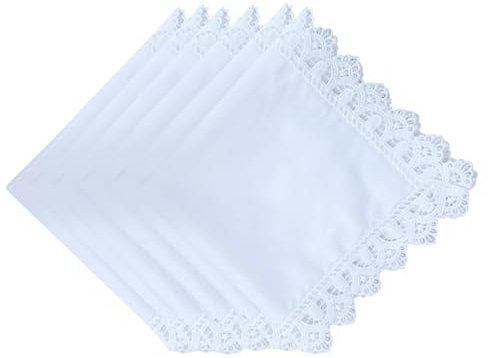 6 Pack of Ladies Embroidery Cotton Handkerchiefs Lace Border White Hankies