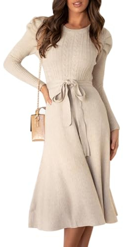 IBAKOM Femmes Automne Pull Robe Hiver Skinny Tricot Manches Longues Lacets Volants Midi Robe A - Type Robe D�contract�e Beige L