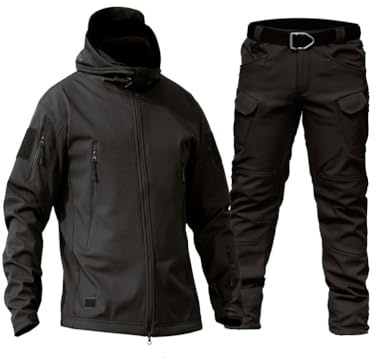 Oanviso Homme Tactique de Costume Vêtements 2 Pièces Manteau avec Capuche Impermeable Veste de Pluie Hiver Casual Uniforme Militaire Tenue de Combat Cargo Pantalon E Noir 3XL