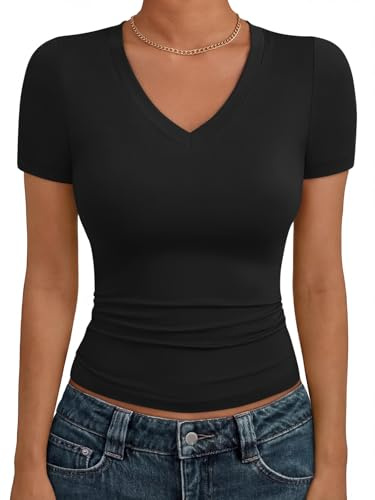 Trendy Queen Womens Summer V Neck Short Sleeve T Shirts Crop Cute Tee 2026