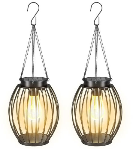 Solarlampen für Außen Garten, 2 Stück Solar Laternen für Draußen Hängend mit LED-Glühbirne, IP65 Wasserdicht Solarlaterne für Außen Terrasse Rasen Balkon Hof Gartendeko