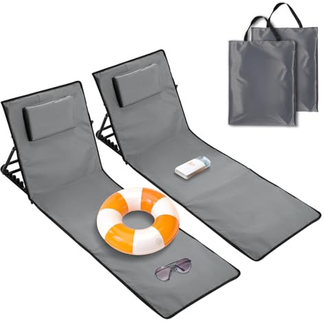 Ollewiellan 2 strandmattor med ryggstöd, L 145 cm, strandstol, vikbar, lätt med kudde och förvaringsfack, strandmatta, vikbar för stranden inkl. bärväska, justerbar 5 lägen, mörkgrå