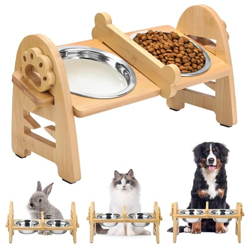 Vivantia Raised Dog Cat Rabbit Bowl with Stand, Elevated 6-Level 6~15 cm Adjustable Height, Bamboo Pet Feeding Station with 304 Stainless Steel Bowls for Dogs Cats Rabbits and Other Pets