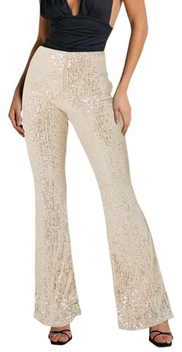 Generisch Festival Mujer Pantalones Mujer Lentejuelas Brillantes Lentejuelas Cintura Alta Pierna Ancha Pantalones de Golpe Pantalones de Bateo Ropa de Club Nocturno Pantalones Negro Mujer Bootcut