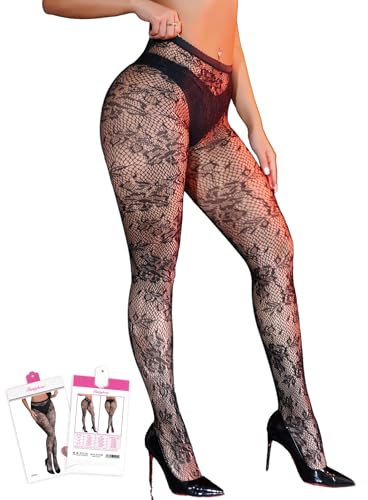 comeondear Plus Size Lace Tights for Women XS-5XL Curves Friendly | High Elastic Fabric, Floral Patterned Tights, Sexy Fishnet Stocking, Gothic Pantyhose for Halloween Clubbing, Box Package