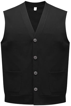 Allthemen Gilet Tricoté Homme Col V Pull sans Manches Classique avec Boutons Débardeurs Gentleman Chaud Noir L