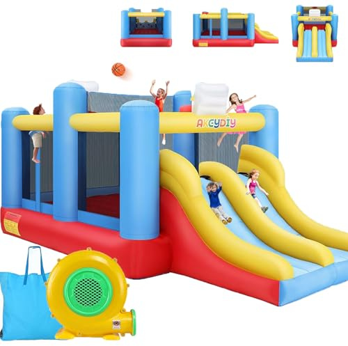 AKEYDIY Gonfiabile castello gonfiabile con soffiatore, doppio scivolo da arrampicata, cestino da basket, rete da pallacanestro, grande trampolino adatto per interni ed esterni, tessuto Oxford 840+420D