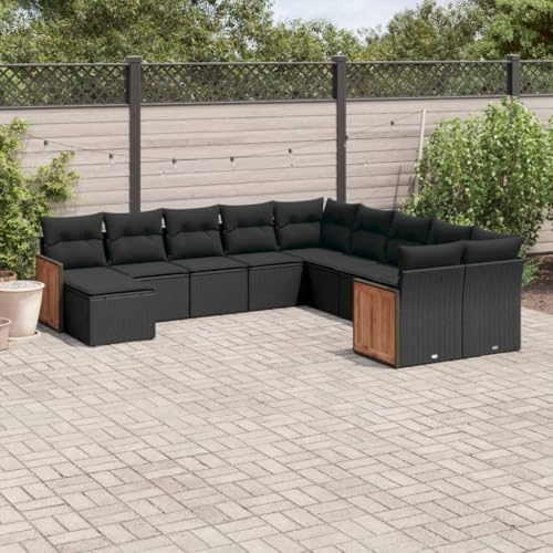 Frdhee Muebles de jardín de invierno para exteriores, 11 piezas, juego de sofá de jardín con cojines de ratán negro de poli ratán, grupo de asientos para balcones, patio y terraza