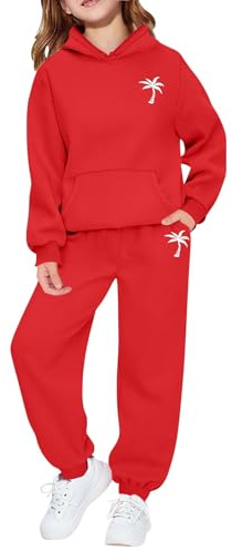 Ensemble de survêtement surdimensionné à manches longues et pantalon de survêtement pour filles - Ensemble complet 2 pièces - Unisexe - Décontracté - Jogging - Tenue de sport Y2k, Rouge, 13-14 ans