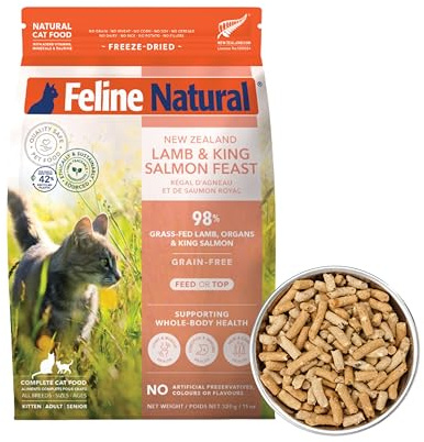 Feline Natural High Protein Dry Cat Food, Freeze-Dried Diet with 98% Meat, Organs & Seafood, No Peas, Grains, or Artificial Additives, Made in New Zealand, Lamb & King Salmon, 11oz