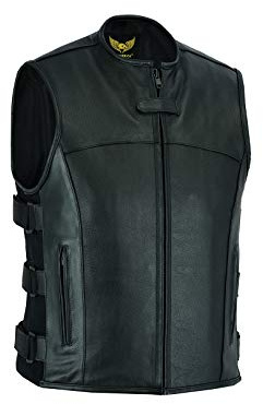 Leatherick Chaleco de motociclista de cuero táctico Warrior Style para hombre, muy elegante para andar en bicicleta, con bolsillos profundos