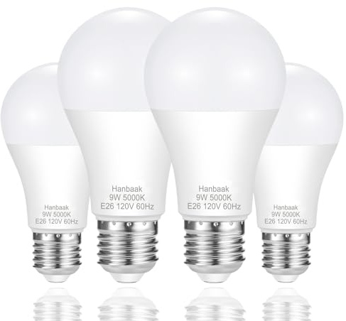 Hanbaak Bombilla LED E26, equivalente a 60 W, bombilla de base de tornillo mediano de 9 W, no regulable, luz blanca diurna 5000 K, 4 paquetes