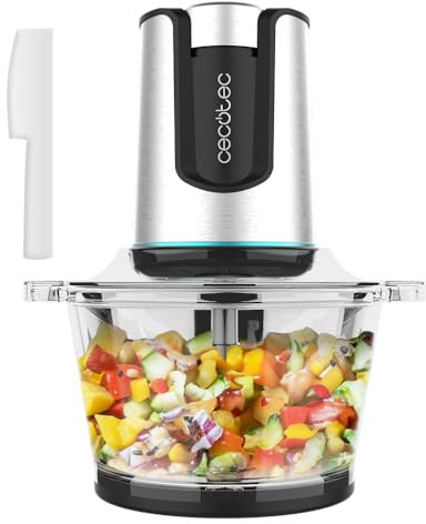 Cecotec Elektrischer Lebensmittelhacker ChopBeat 2000 Delhi Glass. 500 W, Zerkleinert, Schneidet und Hackt Fleisch, Gemüse und Eis, 4-Klingen-Edelstahlmesser, 2 Geschwindigkeiten, 500-g-Schüssel